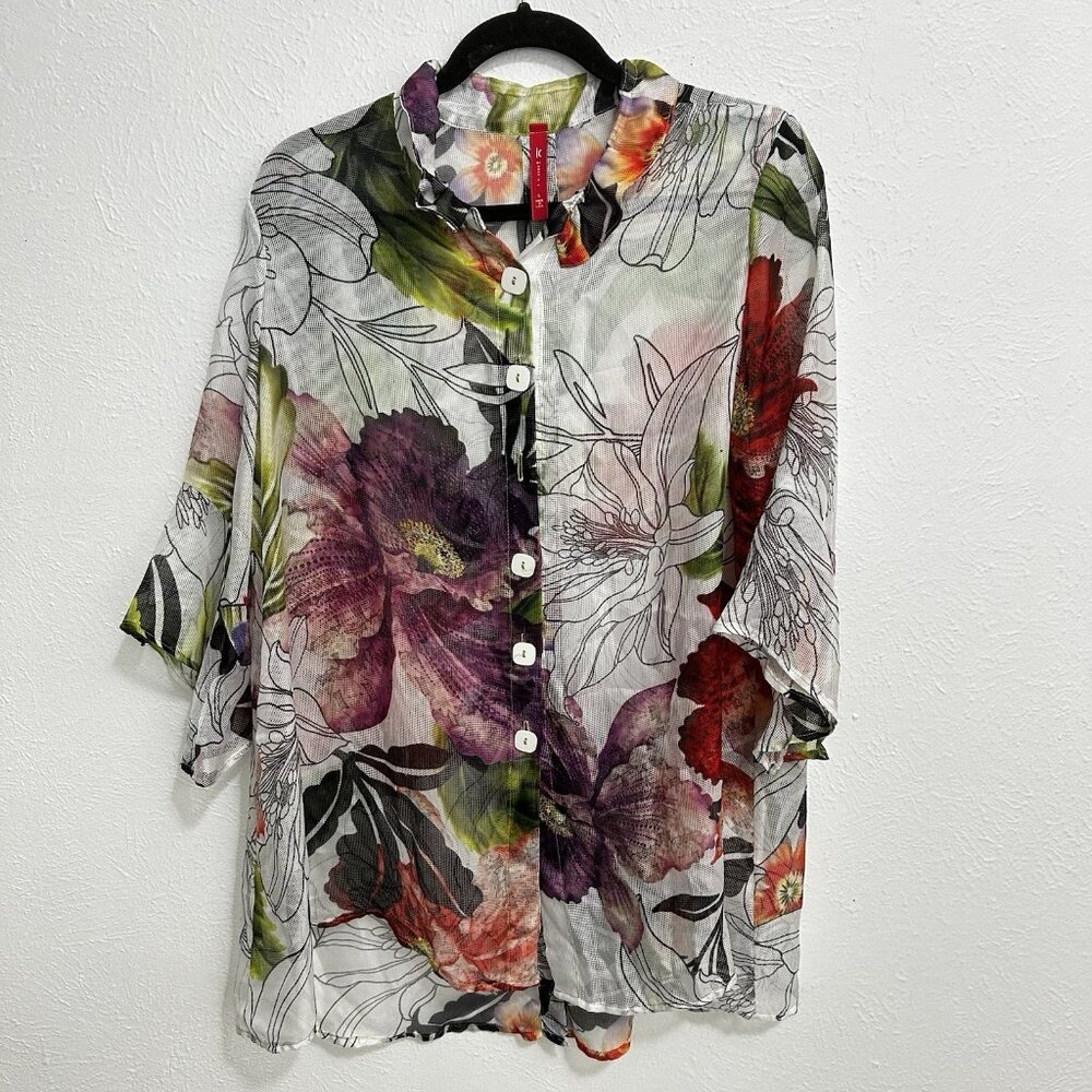 ❤️ IC COLLECTION Floral Button-Front Sheer Blouse/Jacket/Duster Sz L